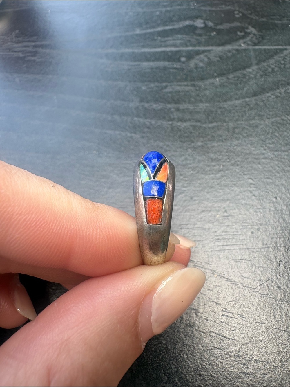 P. Sanchez Sterling Silver Ring with Blue, Orange, Opal Stones - Size 8.5 - Picture 7 of 13